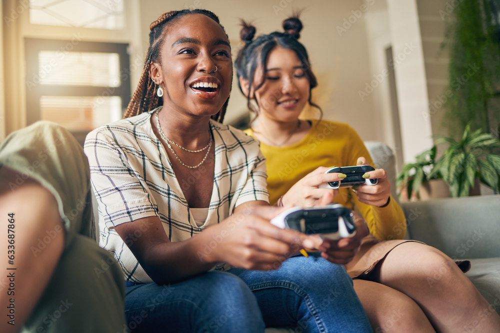 Friends, women and gaming on tv in home living room on sofa, smile and having fun online. Television