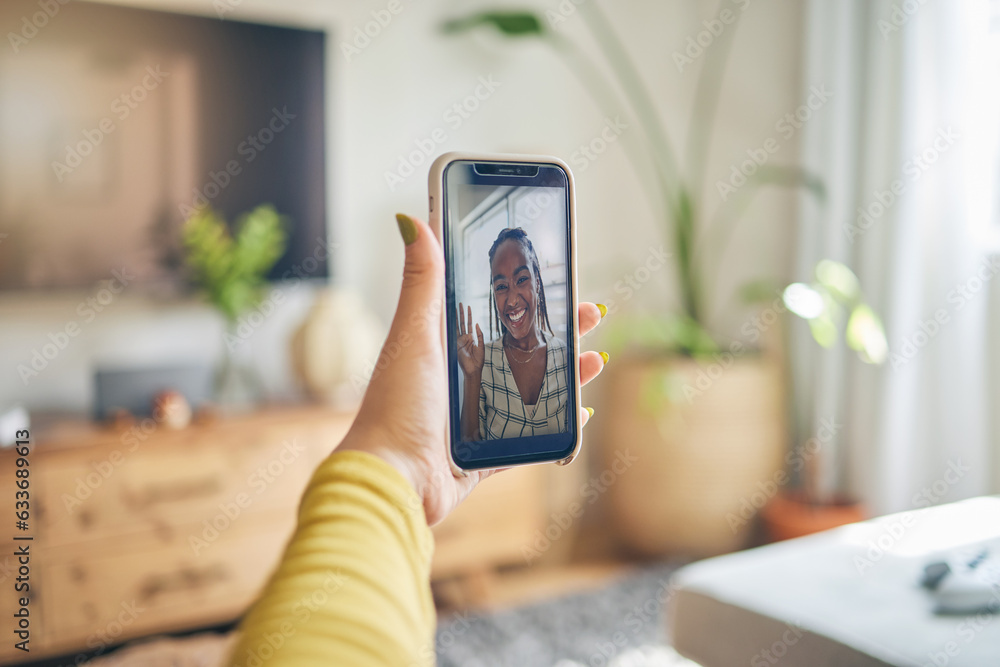 Phone, wave and black woman on video call in portrait, communication and conversation. Smartphone ha