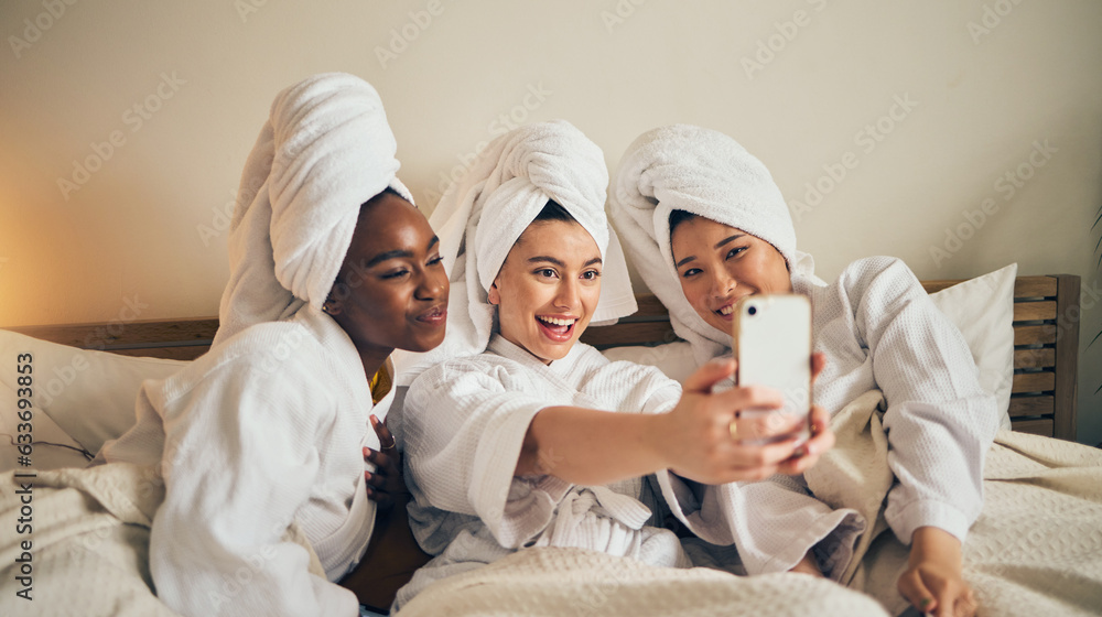 Spa day, selfie and friends in bed relax with social media during skincare routine at home. Bedroom,