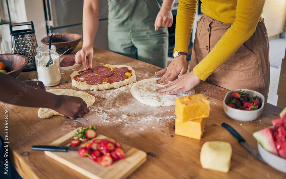 Pizza, dough and hands on wooden table, people cooking with flour and cheese, fruit and food while a