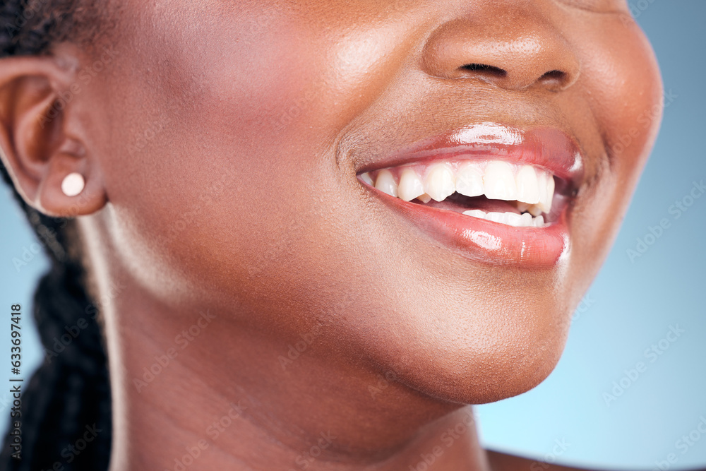 Happy woman, teeth and smile in dental cleaning, hygiene or treatment against a blue studio backgrou