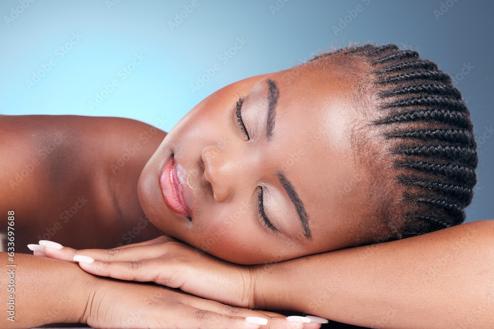 Skincare, relax and black woman in studio, sleeping and natural makeup with dermatology at luxury sp