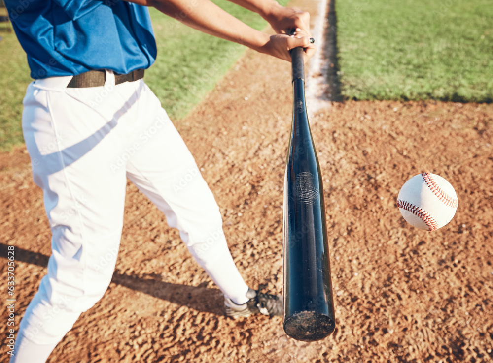 Baseball, bat and person hit a ball outdoor on a pitch for sports, performance and competition. Prof