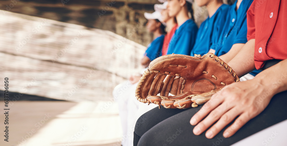 Sports, hand and athlete with a glove for baseball, watching game and team together. Fitness, traini