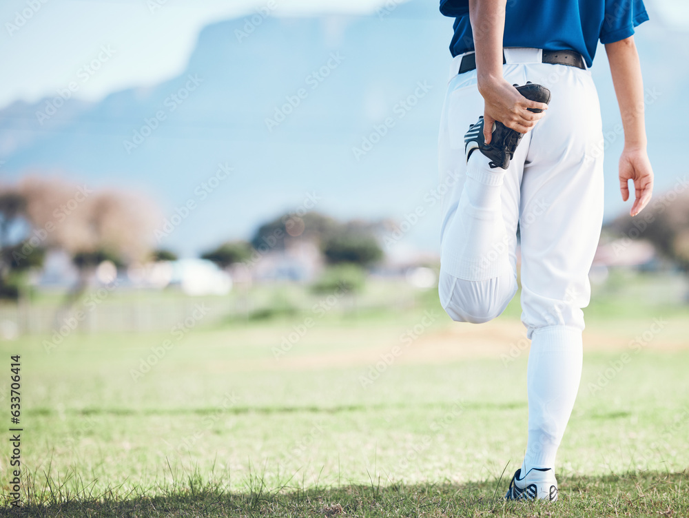 Back, baseball and athlete stretching legs at field outdoor in healthy body exercise. Warm up, hands