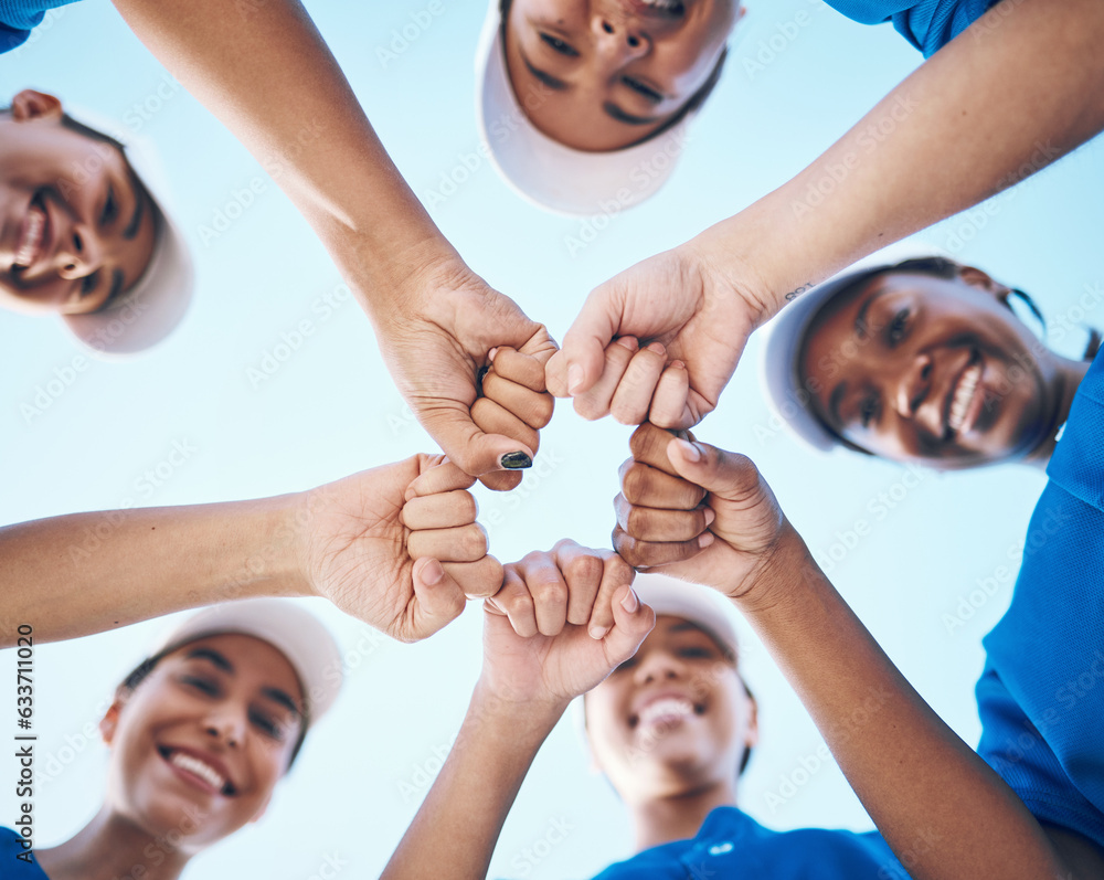 Sports, fist and portrait of baseball women below for support, teamwork and goal collaboration. Fitn