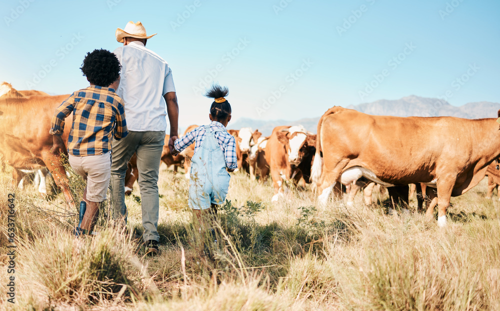 Farm, family and cow, agriculture and livestock with man and kids, sustainability and agro business 