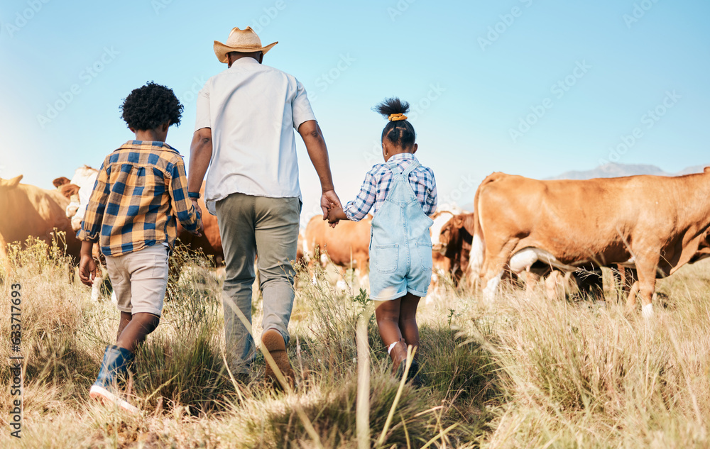 Farm, cows and father holding hands with children in countryside for ecology, adventure and vacation