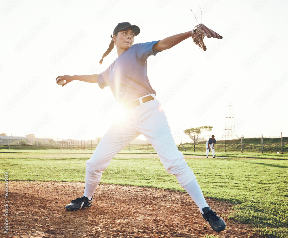 Pitching a ball, baseball and person outdoor on a pitch for sports, performance and competition. Pro