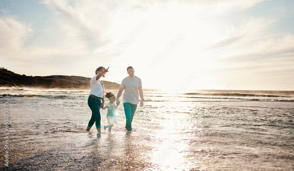 Beach, sunset and family holding hands together on vacation, adventure or holiday together. Travel, 