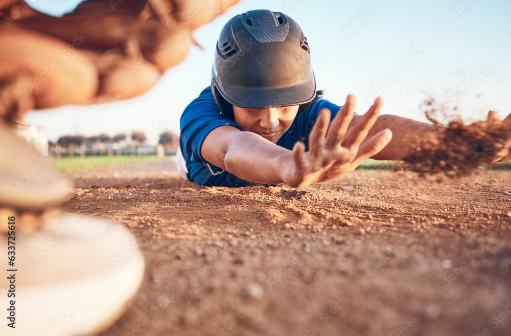 Slide, baseball action and player in a match or game for sports competition on a pitch in a stadium.