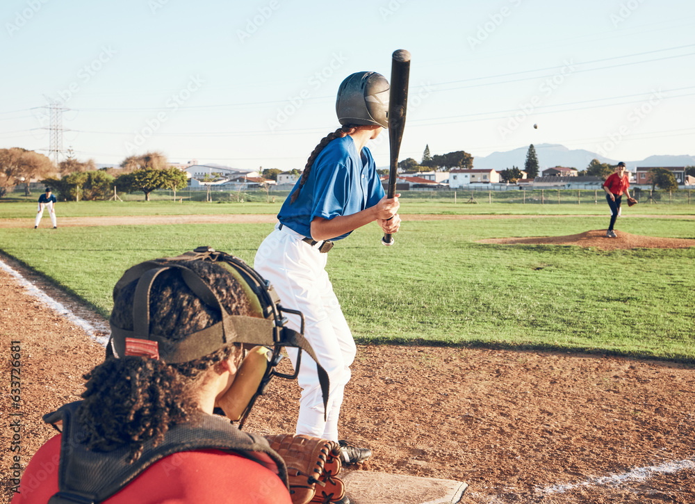 Baseball player, bat and outdoor on a pitch for sports, performance and competition. Professional at