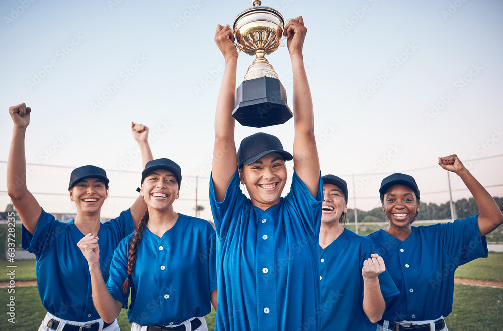 Trophy, baseball and winning team portrait with women outdoor on a pitch for sports competition. Pro