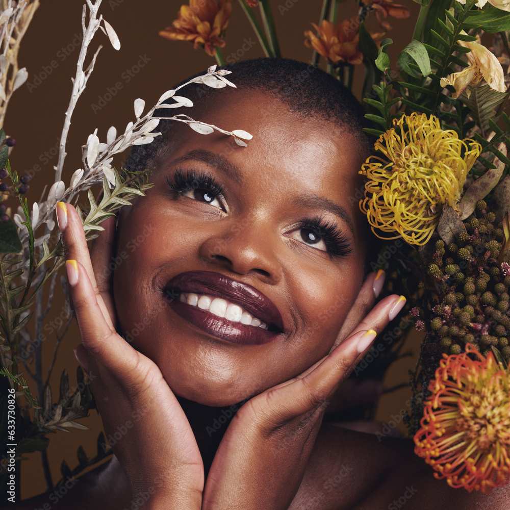 African woman, plants and thinking for aesthetic in studio with flowers for beauty, wellness and glo