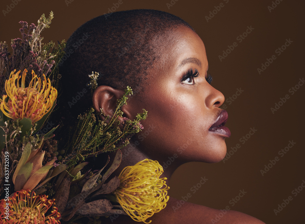 African woman, flowers and studio profile for beauty, wellness or thinking with vision by brown back