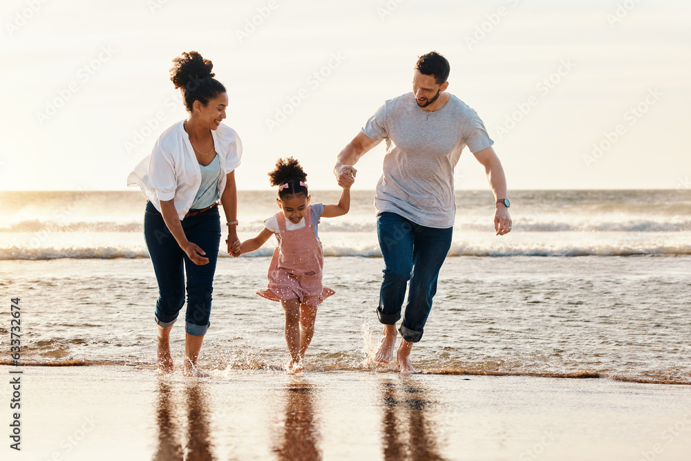 Family, running and ocean, beach and sunset, happiness and fun together with games and bonding on va