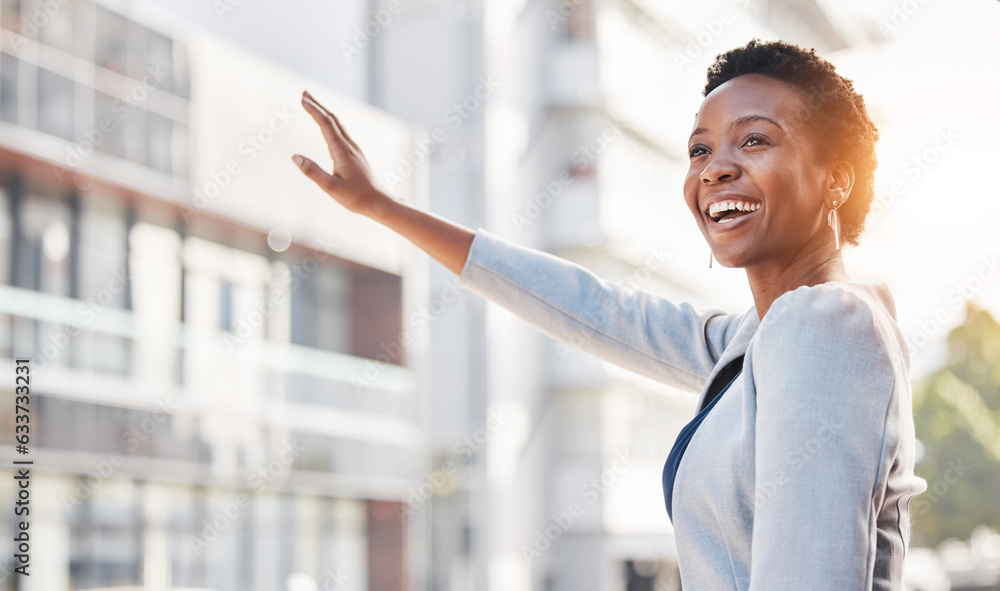 Taxi, business woman and smile in the city with wave for travel and urban transportation. Hailing ca