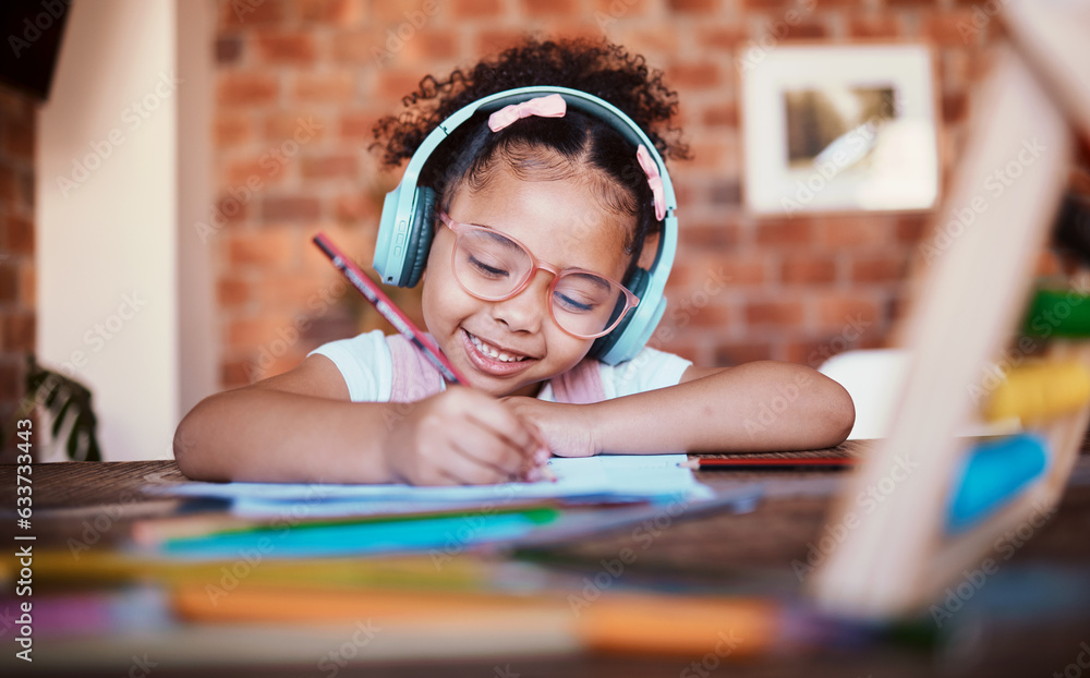 Writing, headphones and child at home with music, learning and homework for school. Kid, studying an