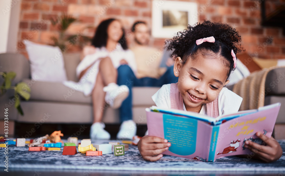 Child, toys and reading in home with knowledge development and building block in living room. Family