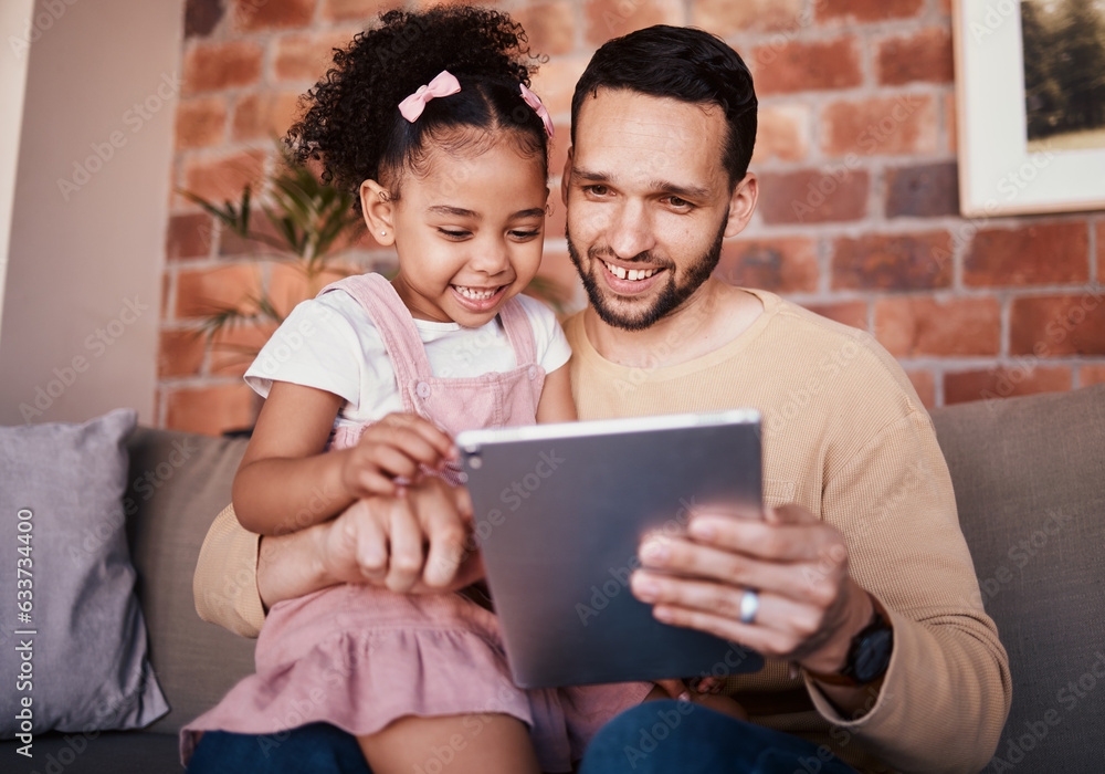 Child, dad and tablet for learning on sofa in family home or reading online, playing a game or techn