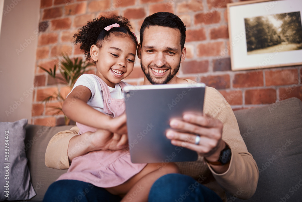 Dad, child and tablet for learning on sofa in family home or reading online, playing a game or techn