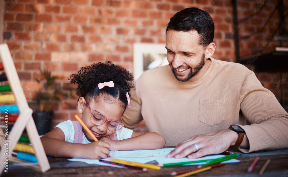 Happy, father and girl with homework, help and conversation with education, advice and learning. Fam