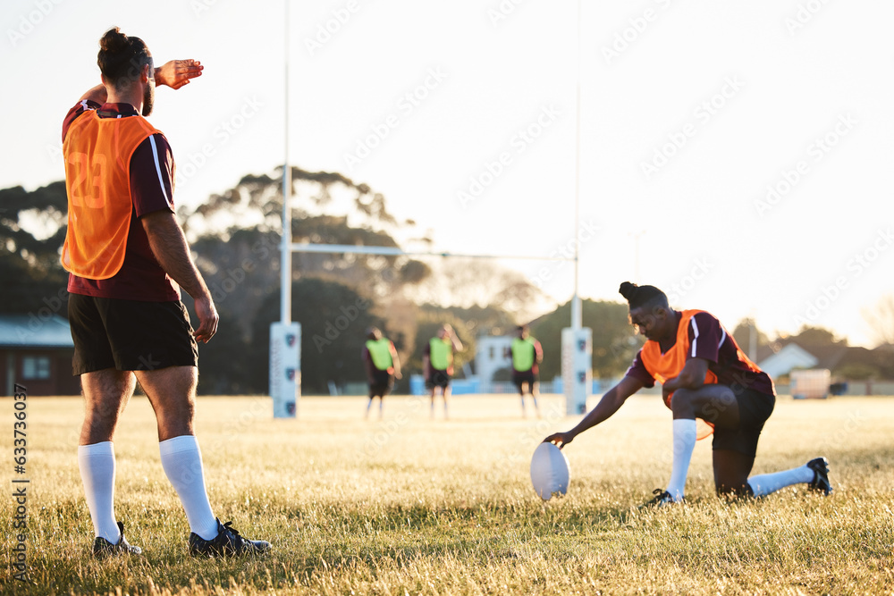 Rugby, sun and sport game with support, exercise and competition with athlete ball training. Field, 