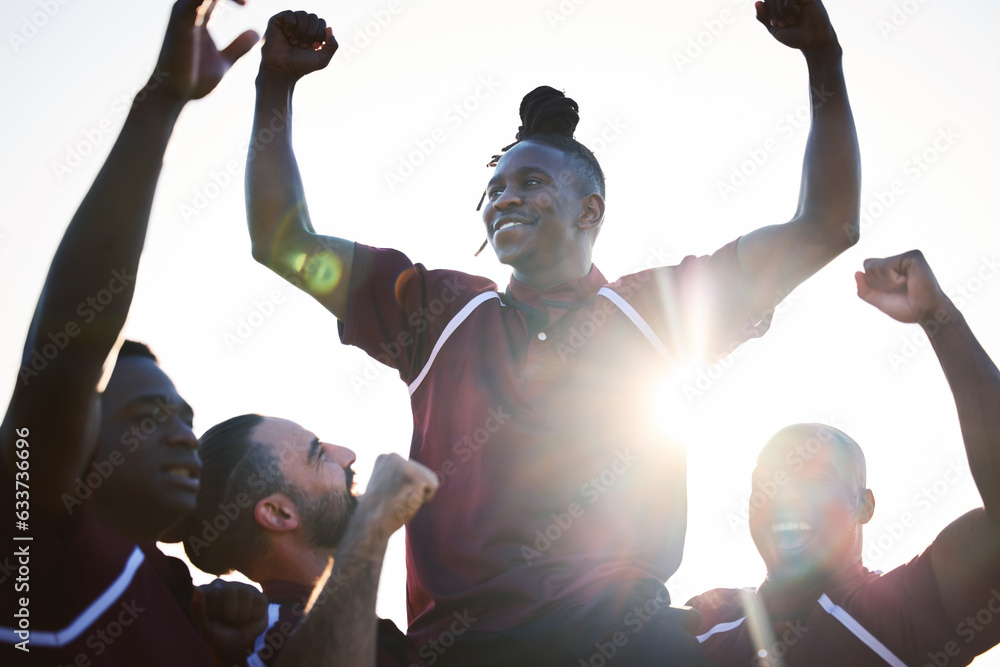 Rugby, team and celebration of champion in winning, achievement or victory in sports, tournament or 