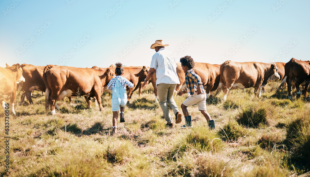 Farm, cattle and father holding hands with children in countryside for ecology, adventure and agricu