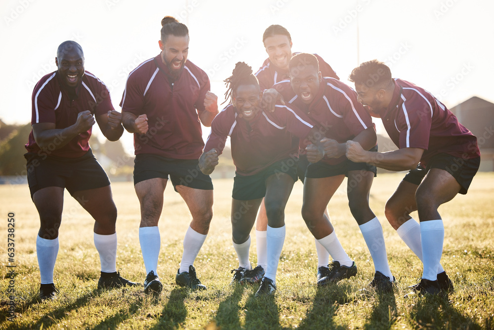 Team support, happy and men in rugby for game motivation, community or diversity on the field. Smile