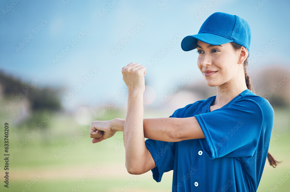 Baseball, fitness and woman stretching, game and training in uniform, exercise and health. Person, s