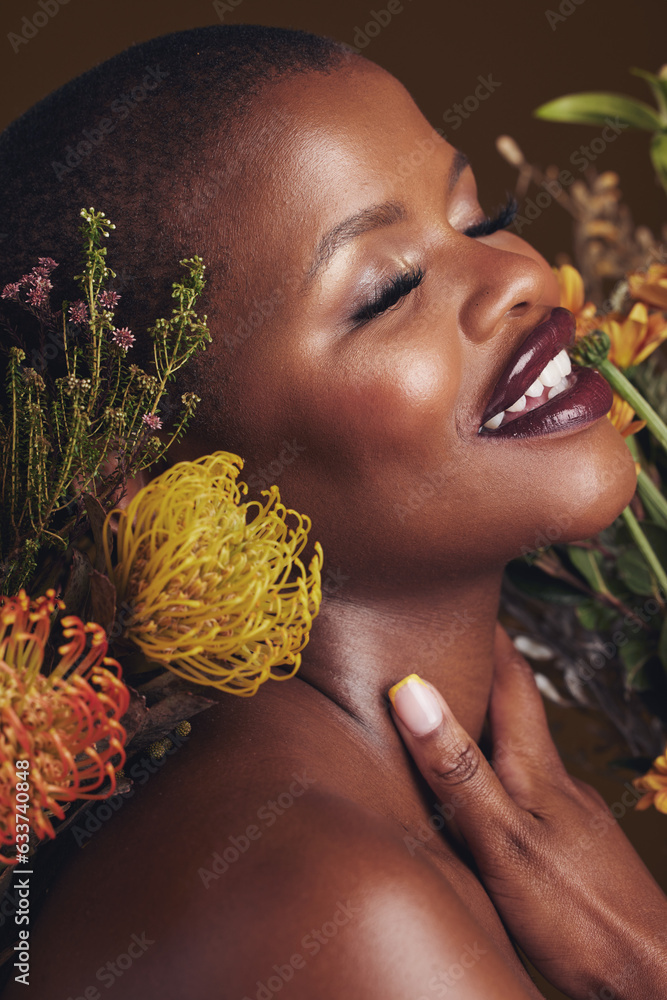 Skincare, beauty and protea flower with a black woman in studio on brown background for natural trea