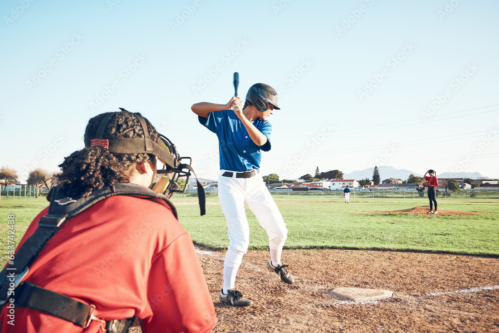 Bat, baseball and person swing at ball outdoor on a pitch for sports, performance and competition. B