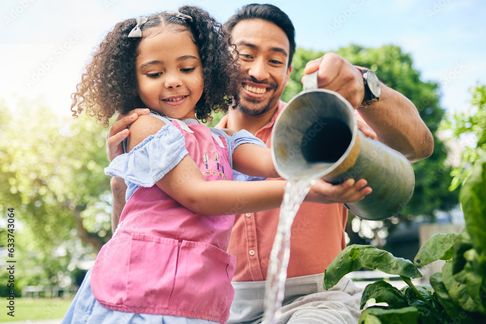 Gardening, happy man and daughter water plants, teaching and learning growth in nature together. Bac