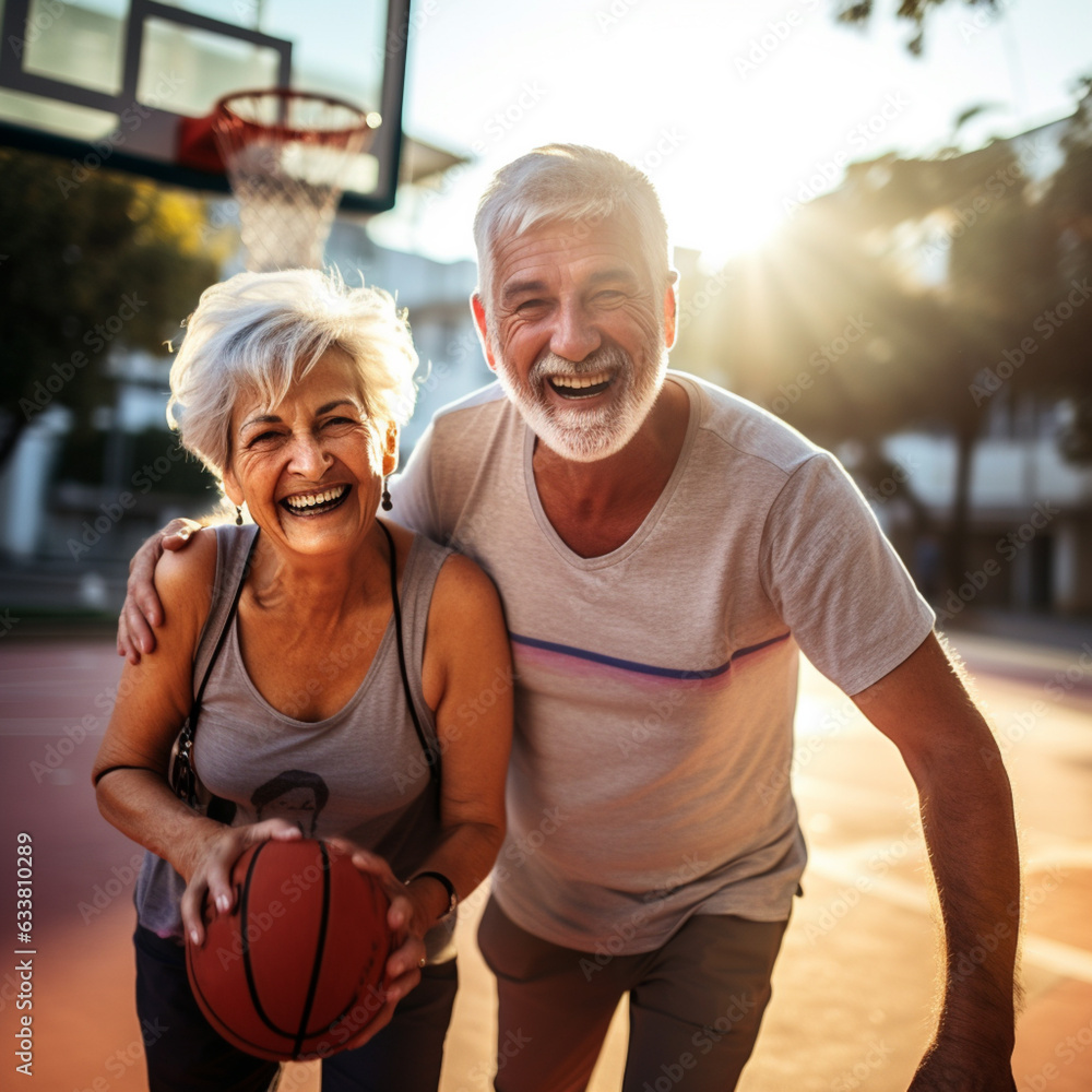 Active sporty middle aged couple playing basketball outdoors, happy man and woman jogging together o