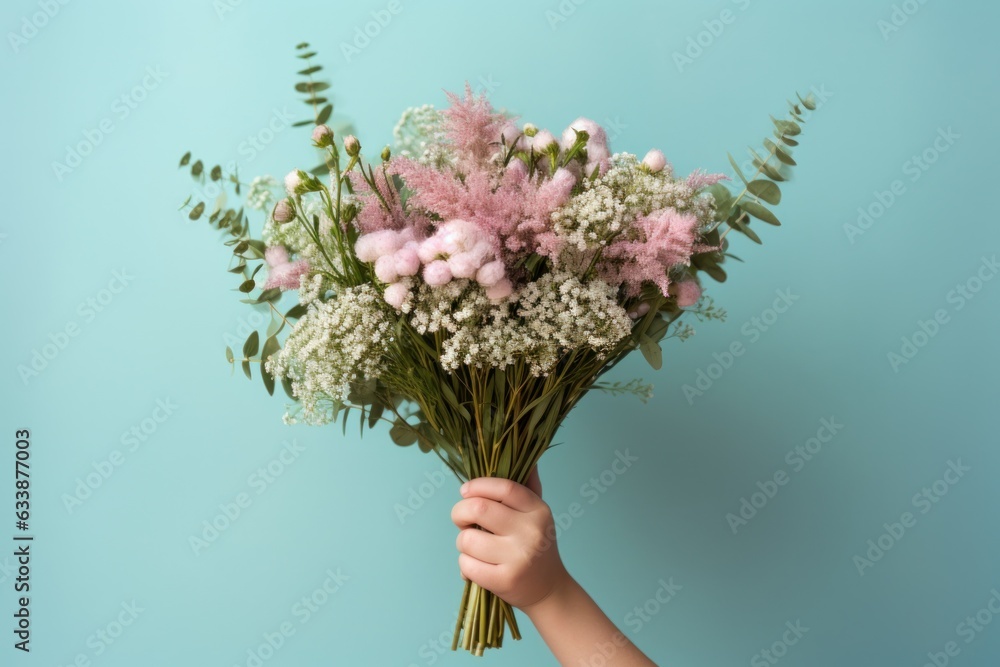 Woman holding flower bouquet.