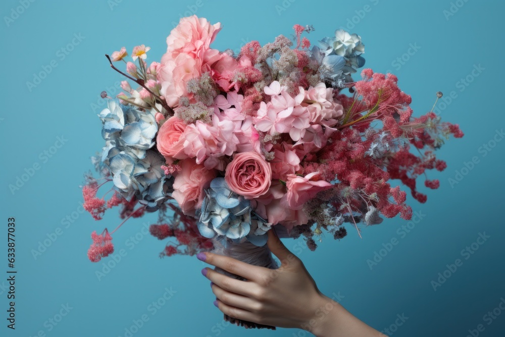 Woman holding flower bouquet.