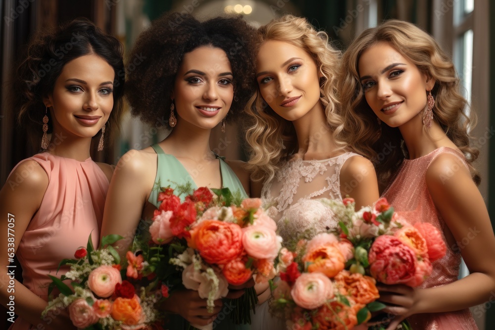 Bridesmaids in the background, with pink and white flowers