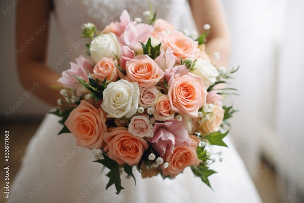 A beautiful bride holding her pink and white wedding bouquet