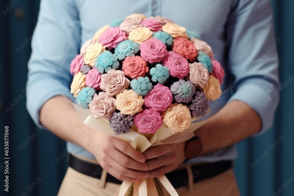 Woman holding flower bouquet.