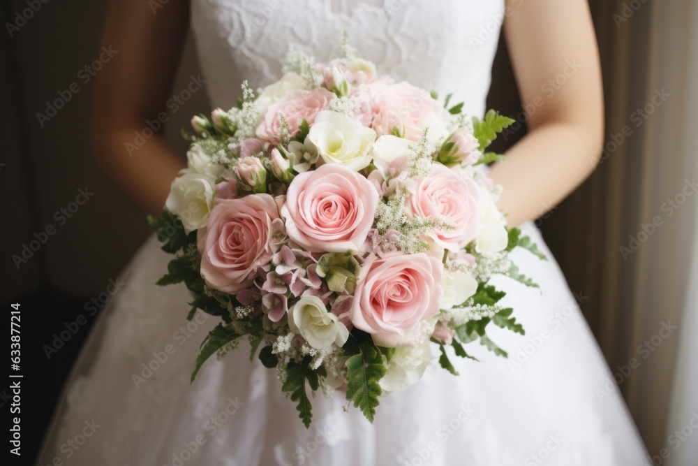 A beautiful bride holding her pink and white wedding bouquet