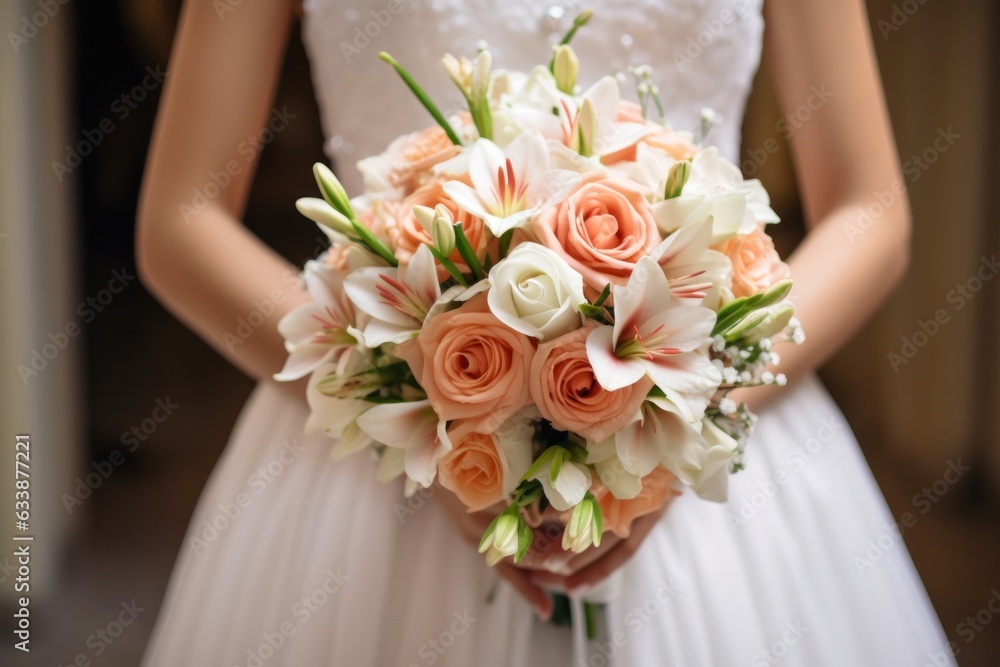 A beautiful bride holding her pink and white wedding bouquet