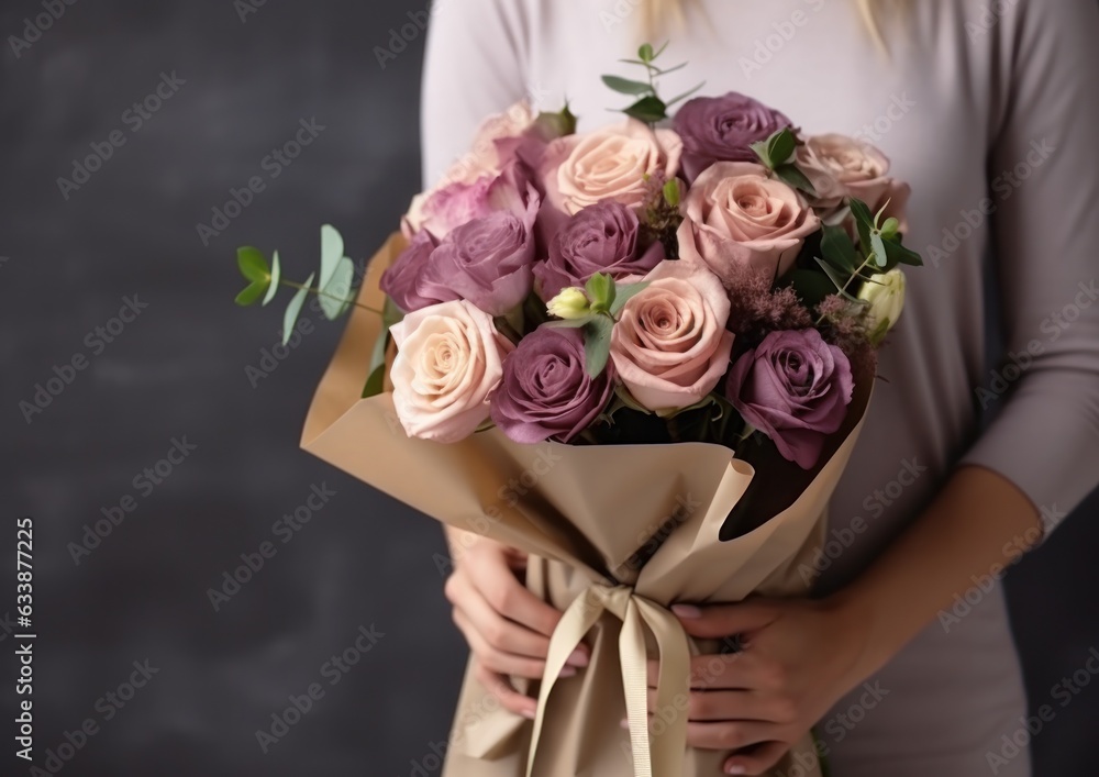 Woman holding flower bouquet.