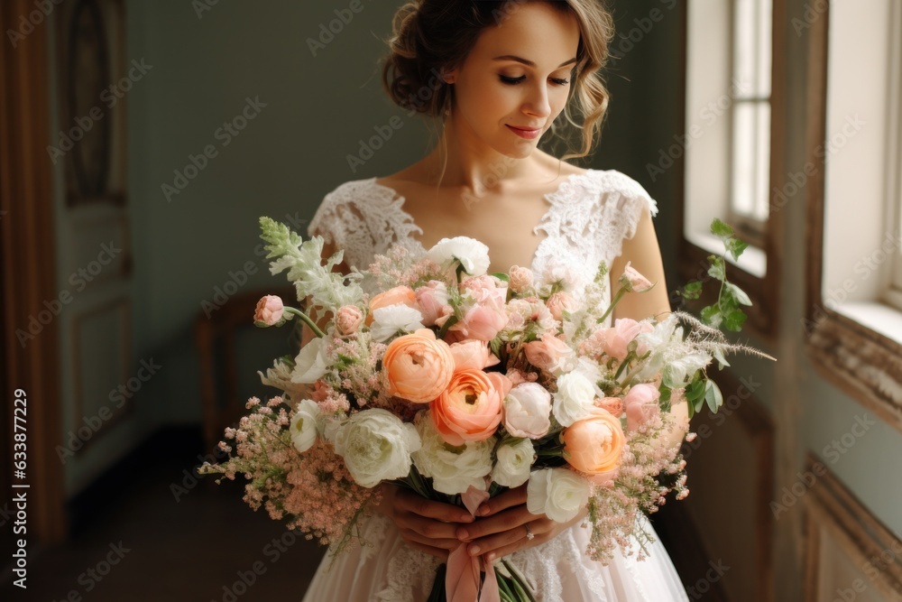 A beautiful bride holding her pink and white wedding bouquet