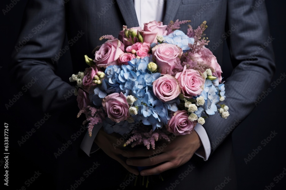 Woman holding flower bouquet.