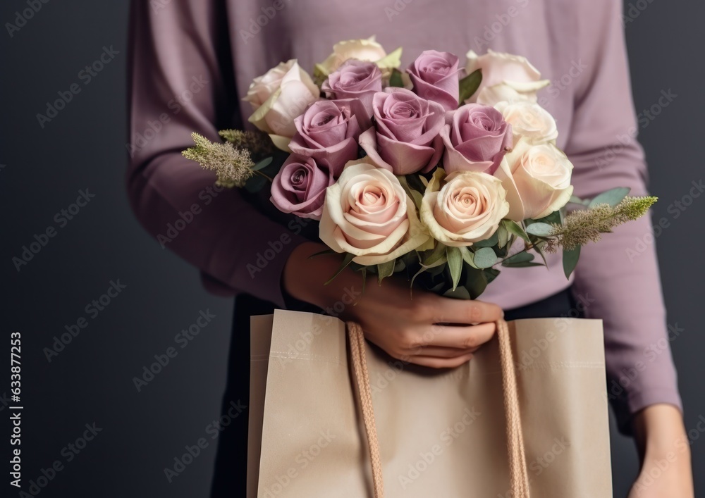 Woman holding flower bouquet.