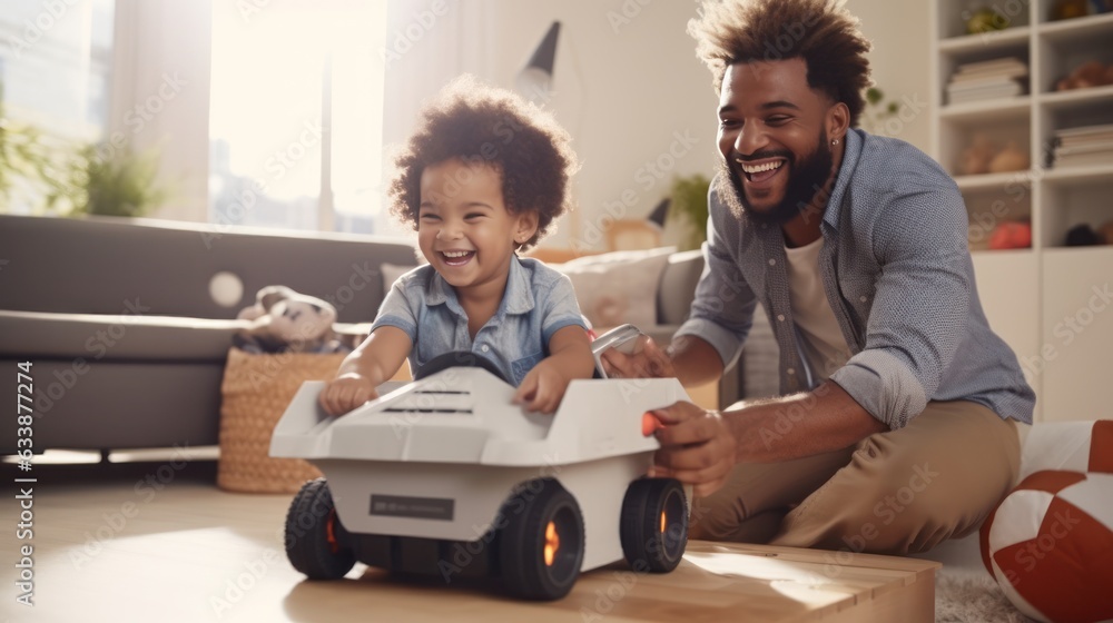 Father, son and playing at home with pretend car in a box on moving day in new property