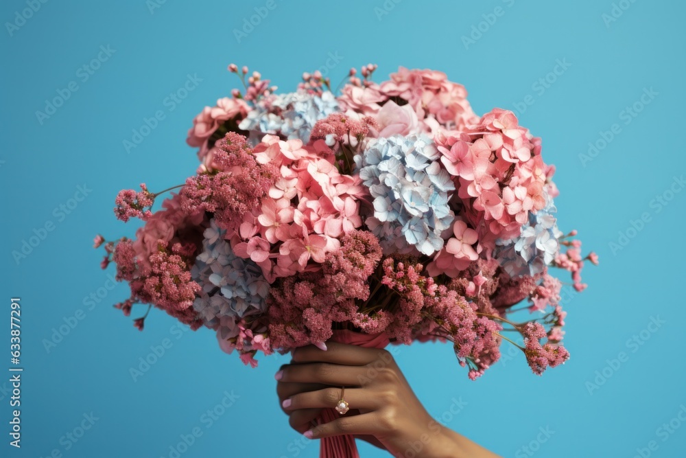 Woman holding flower bouquet.