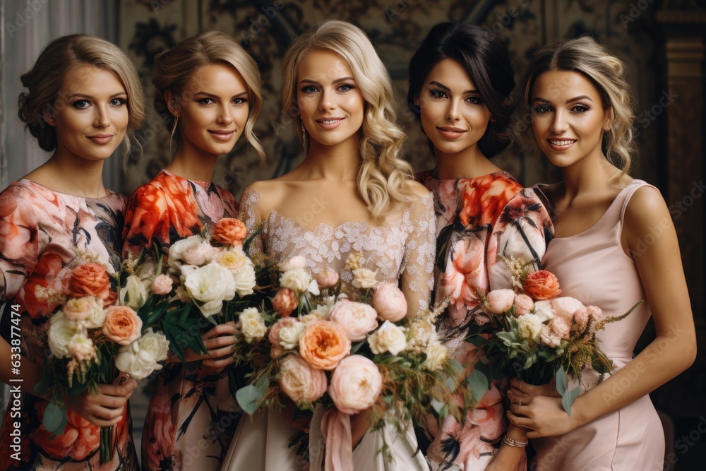 Bridesmaids in the background, with pink and white flowers