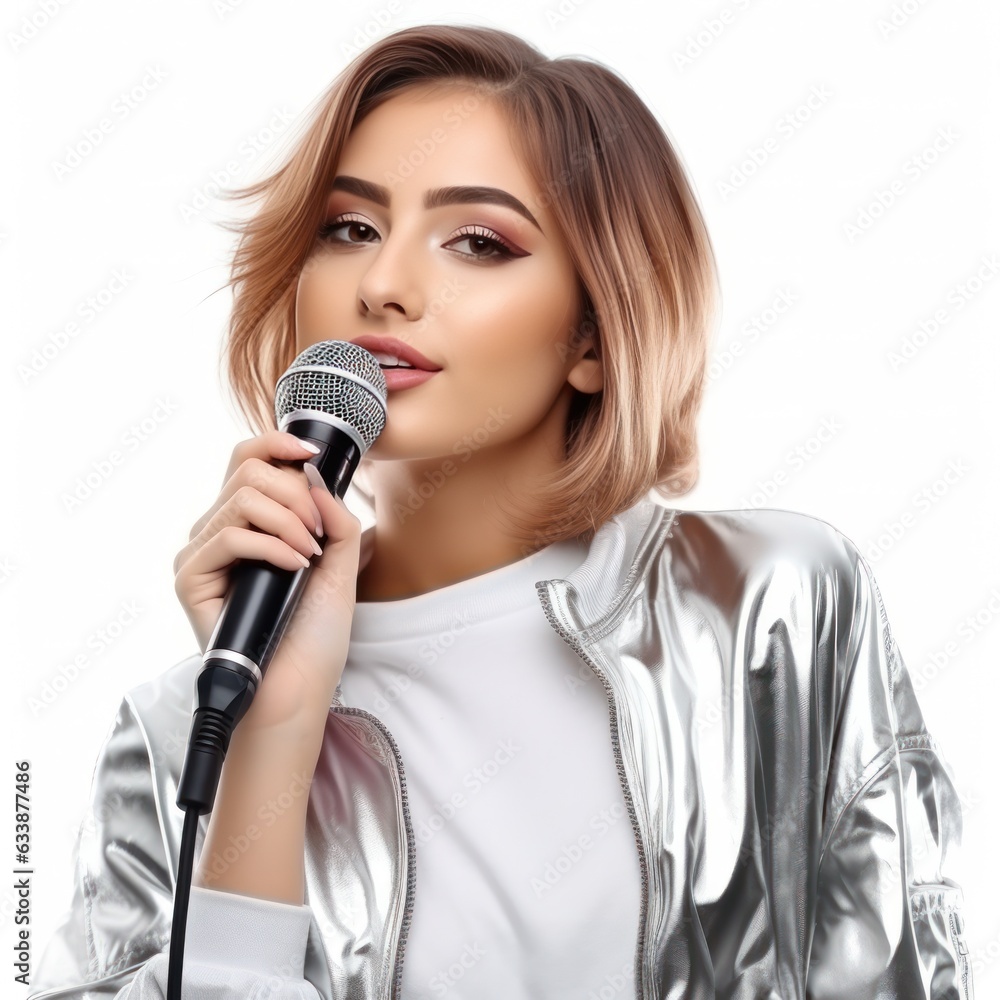 Model girl with microphone isolated